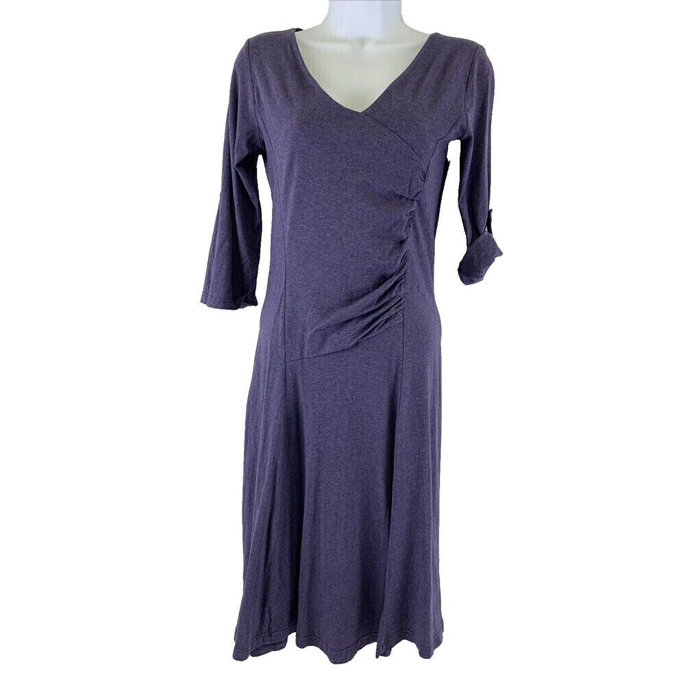 Kuhl Tie Back Organic Cotton Ruched Dress A Line Purple 3/4 Roll Sleeve Women XS